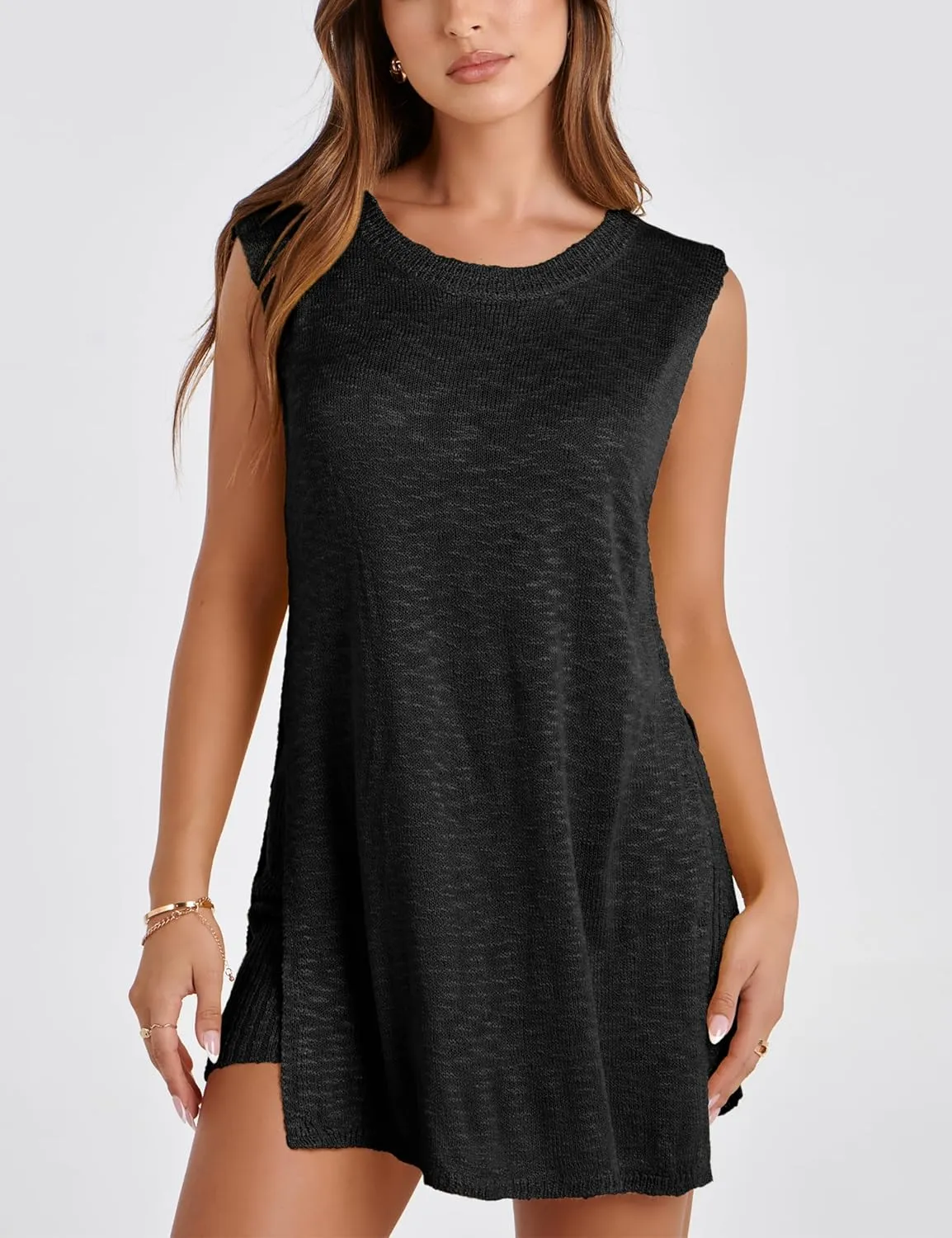 SeekMe Womens Summer Knit Sweater Set Sleeveless Tunic Top Matching Shorts 2 Piece Outfits Trendy Beach Louge Vacation Set