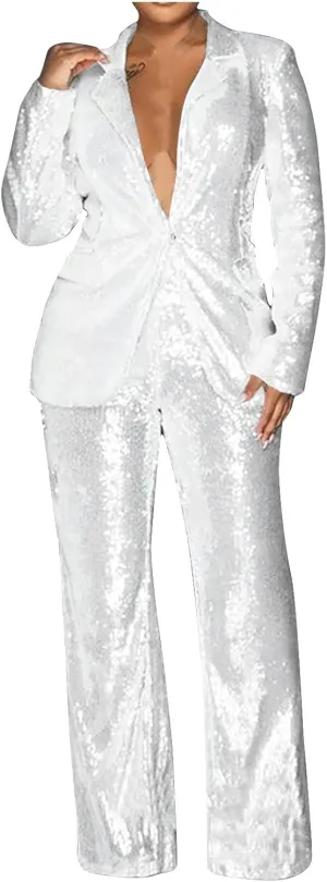 Sequin Women Suits Set Blazer Jacket and Wide Leg Pants 2 Piece Outfits Ladies Wedding Sequin Sets Party Wear Suits