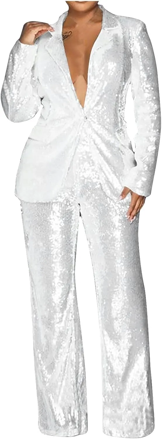 Sequin Women Suits Set Blazer Jacket and Wide Leg Pants 2 Piece Outfits Ladies Wedding Sequin Sets Party Wear Suits