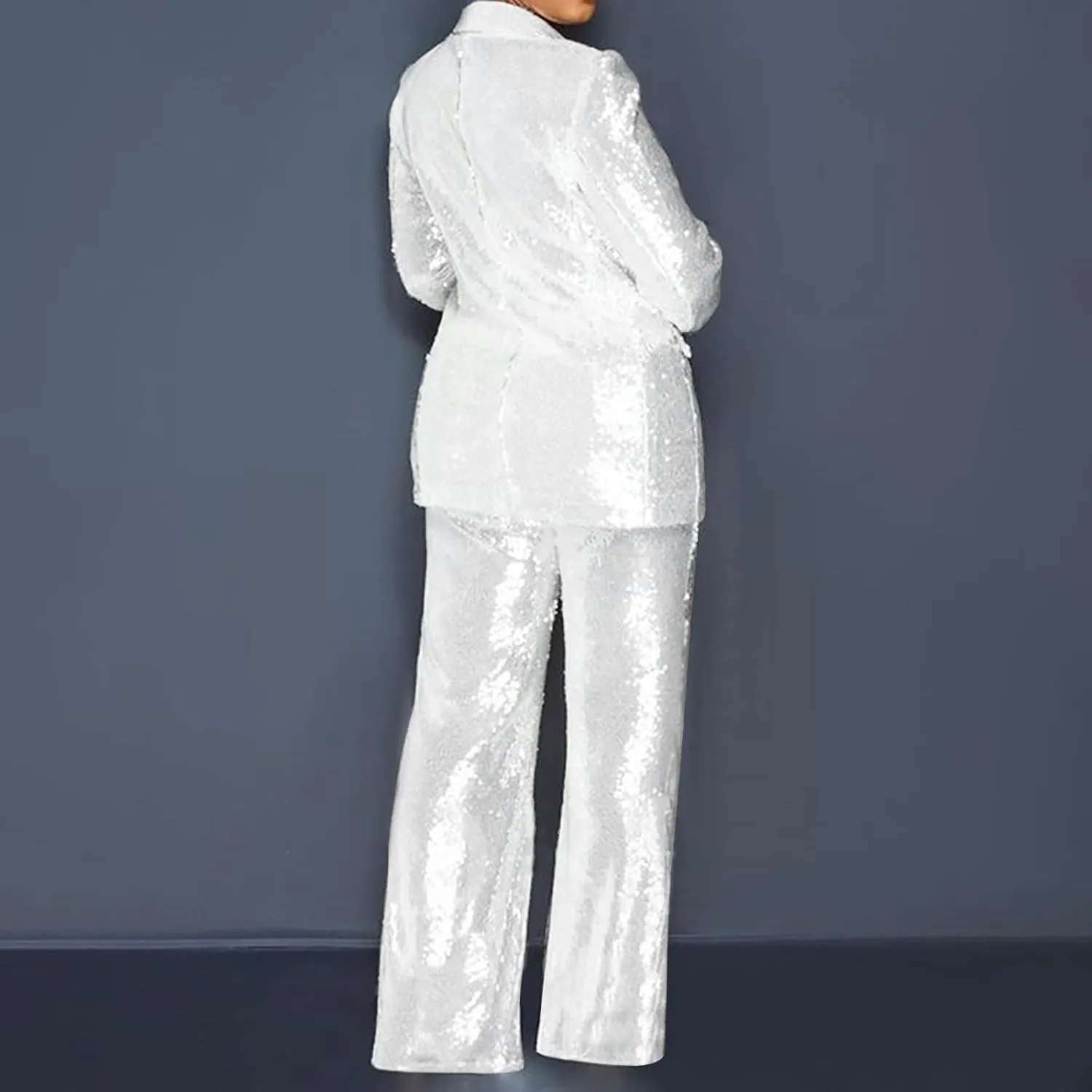 Sequin Women Suits Set Blazer Jacket and Wide Leg Pants 2 Piece Outfits Ladies Wedding Sequin Sets Party Wear Suits
