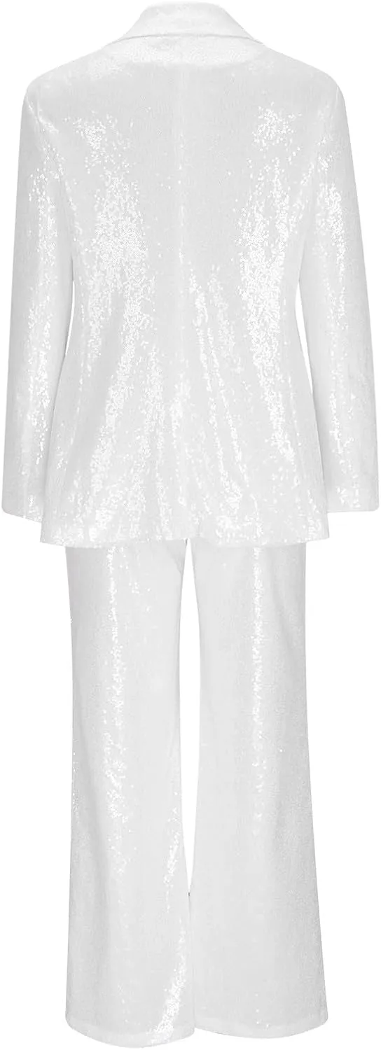 Sequin Women Suits Set Blazer Jacket and Wide Leg Pants 2 Piece Outfits Ladies Wedding Sequin Sets Party Wear Suits