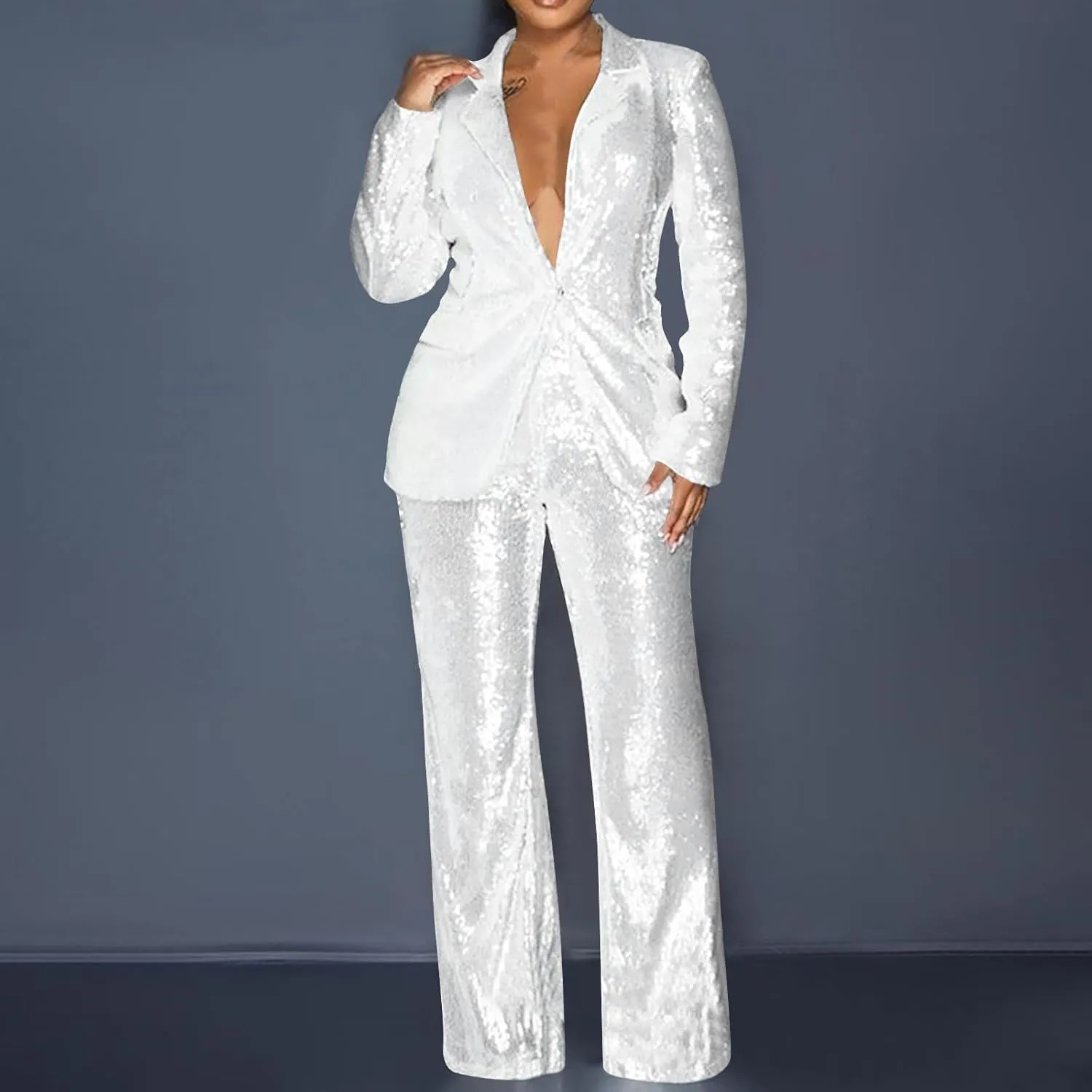 Sequin Women Suits Set Blazer Jacket and Wide Leg Pants 2 Piece Outfits Ladies Wedding Sequin Sets Party Wear Suits