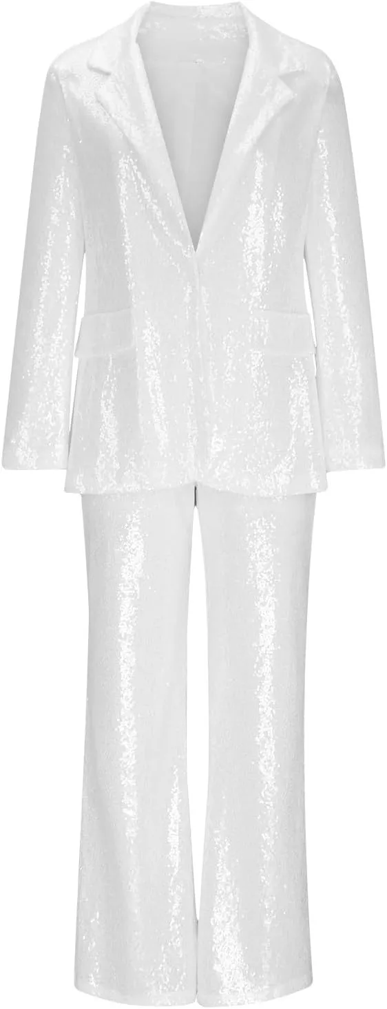 Sequin Women Suits Set Blazer Jacket and Wide Leg Pants 2 Piece Outfits Ladies Wedding Sequin Sets Party Wear Suits