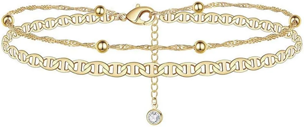 SEVENSTONE Initial Ankle Bracelets for Women Layered Dainty Filled Adjustable Handmade Letter Moon Initial Anklets for Girls Beach Jewelry Gifts