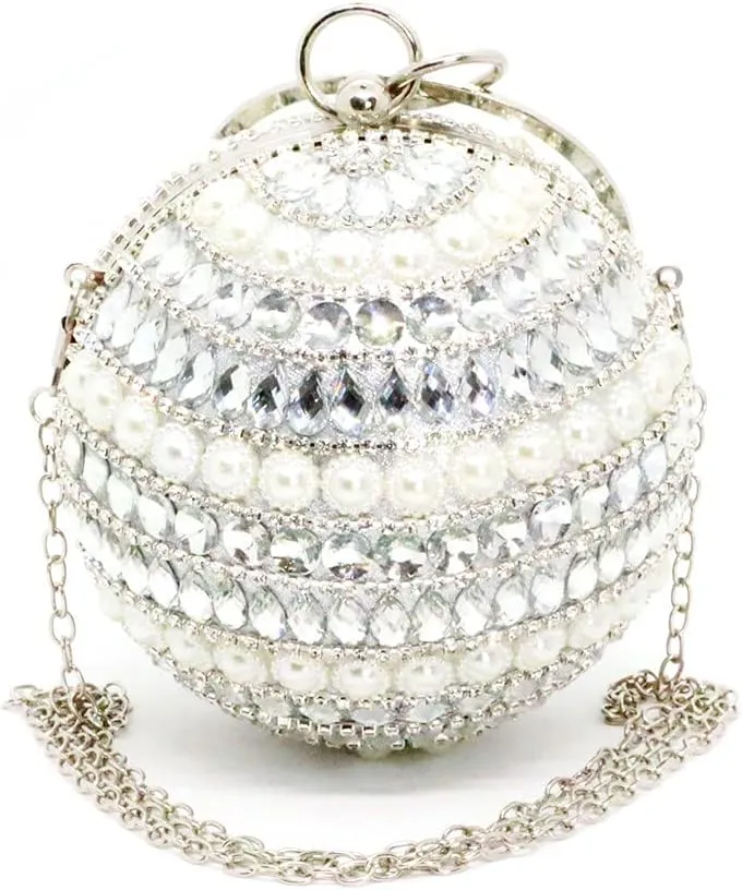 Sliver Round Ball Tassel Crystal Evening Clutch Purse for Women Gold Wedding Party Hand Bags