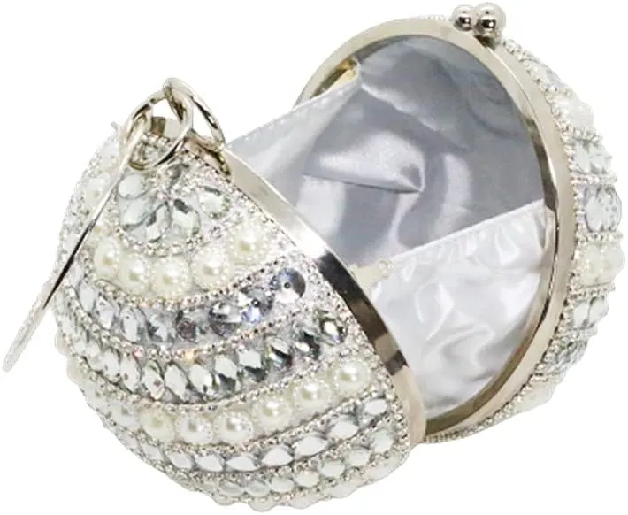 Sliver Round Ball Tassel Crystal Evening Clutch Purse for Women Gold Wedding Party Hand Bags