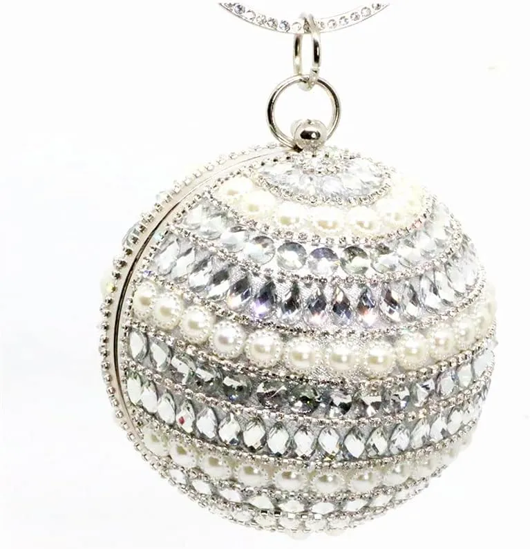 Sliver Round Ball Tassel Crystal Evening Clutch Purse for Women Gold Wedding Party Hand Bags