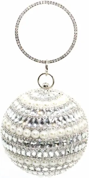 Sliver Round Ball Tassel Crystal Evening Clutch Purse for Women Gold Wedding Party Hand Bags
