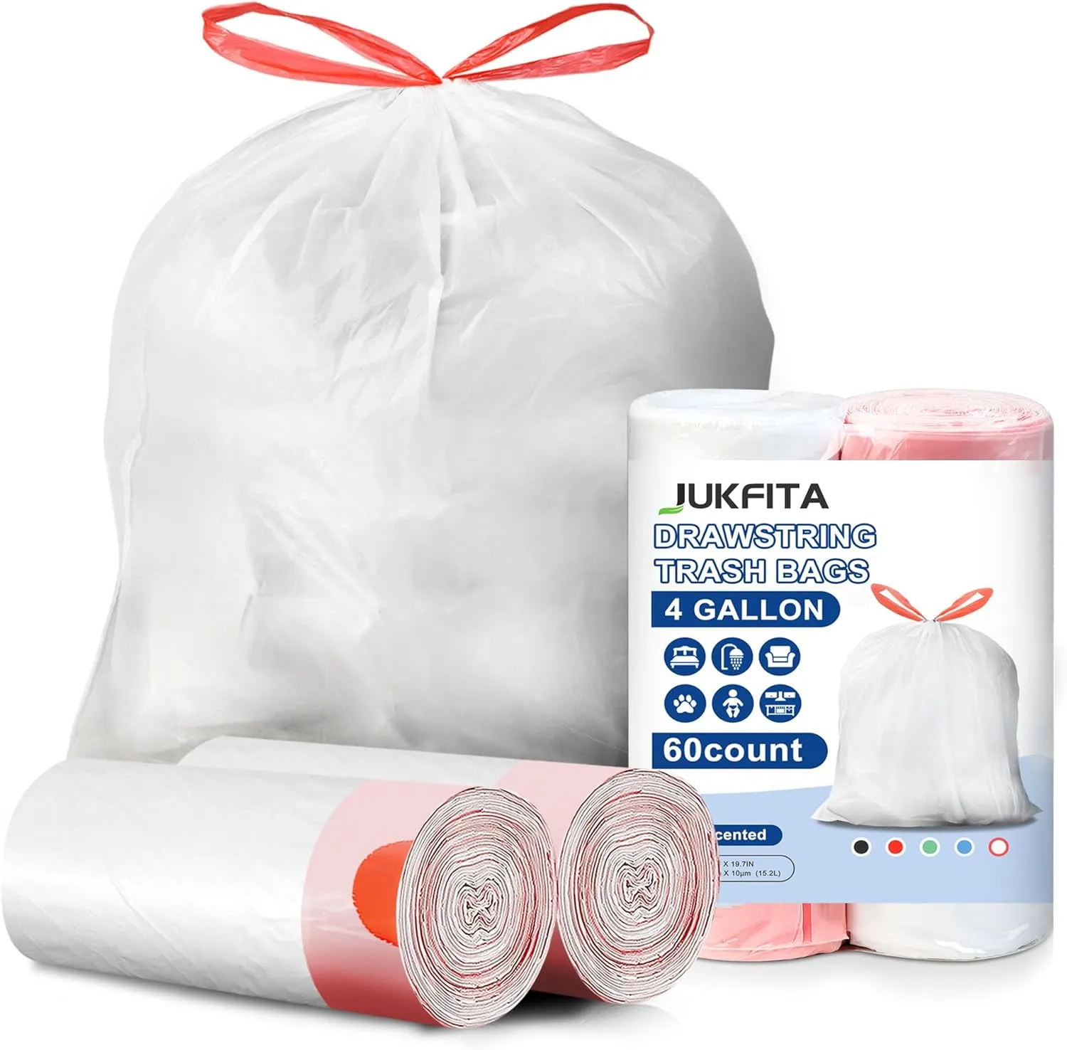 Small Trash Bags 4 Gallon, JUKFITA Tear-Free Garbage Bags with Drawstring, Unscented White Bathroom Trash Bags, 60 Count