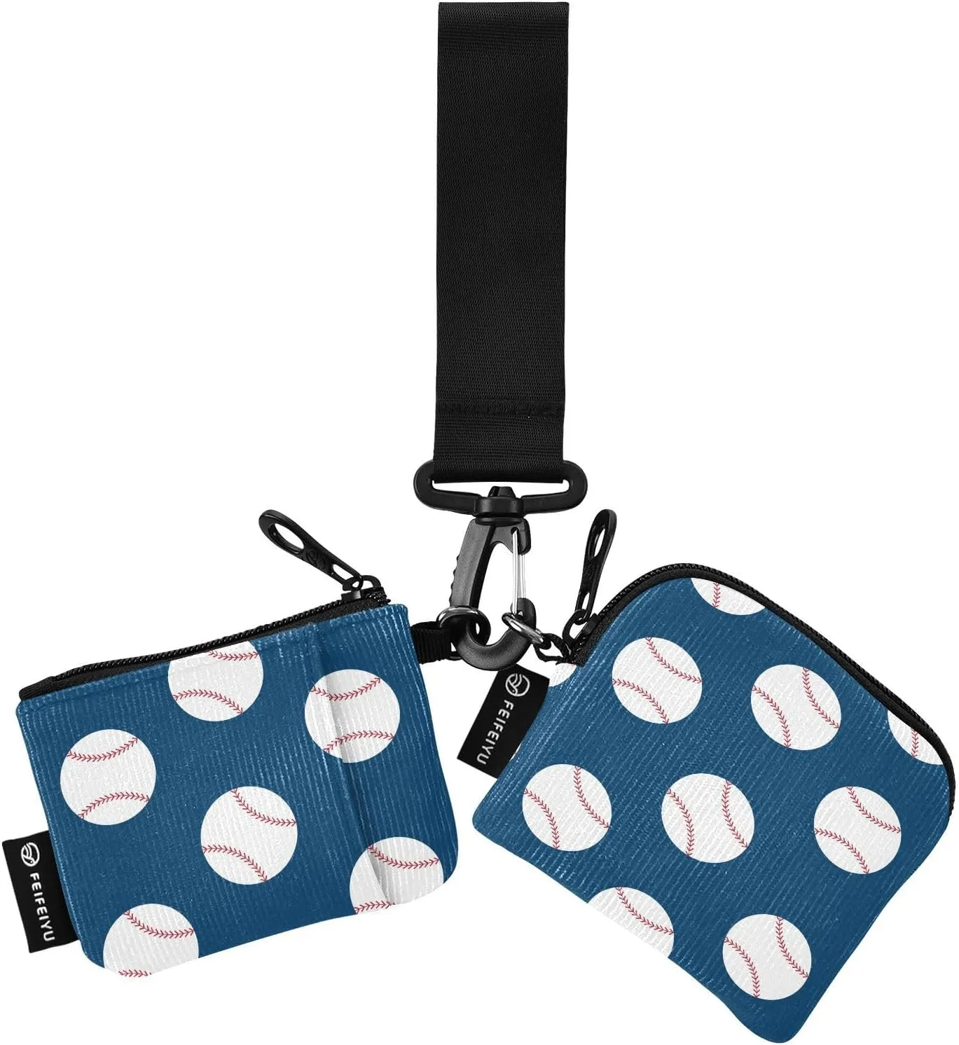 Small Wallet for Women Baseball Pattern on Navy Blue Zip Around Dual Pouch Wristlet Wallets for Women Portable Card Wallet