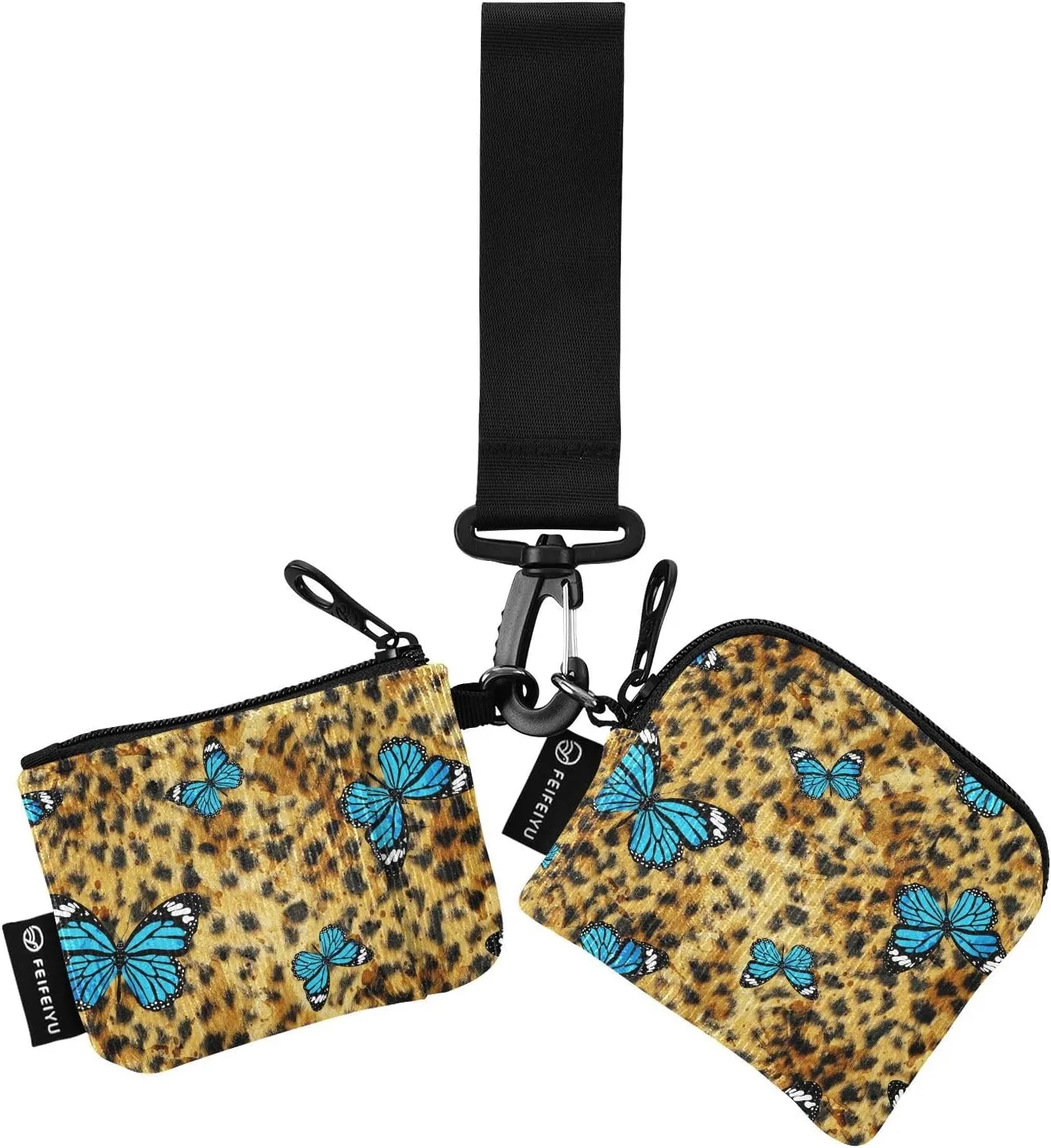 Small Wallet for Women Blue Butterfly Leopard Print Zip Around Dual Pouch Wristlet Wallets for Women Portable Card Wallet