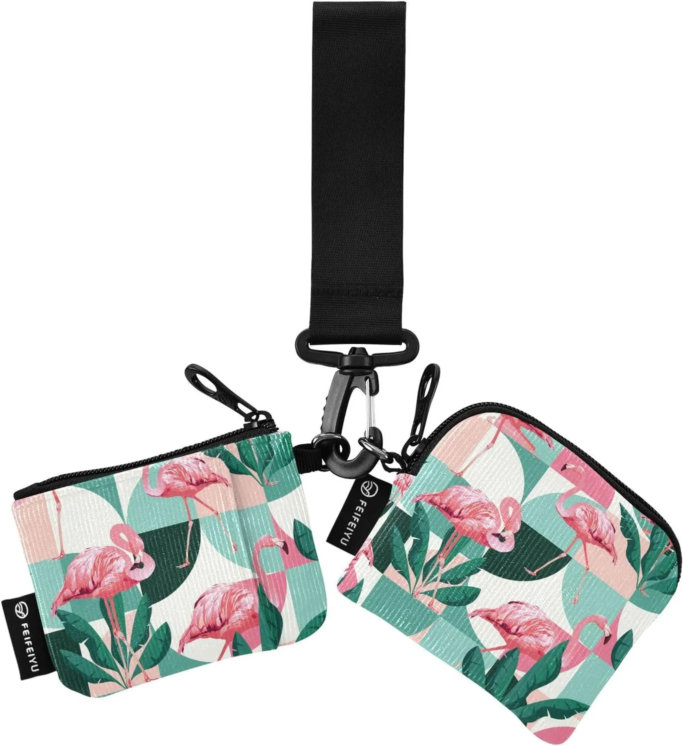 Small Wallet for Women Exotic Jungle Pink Flamingos Zip Around Dual Pouch Wristlet Wallets for Women Portable Card Wallet
