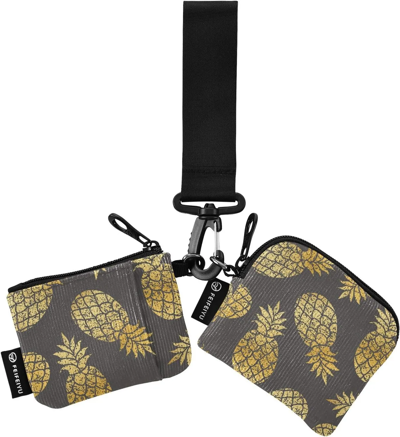 Small Wallet for Women Golden Pineapples Fruit Black Zip Around Dual Pouch Wristlet Wallets for Women Portable Card Wallet