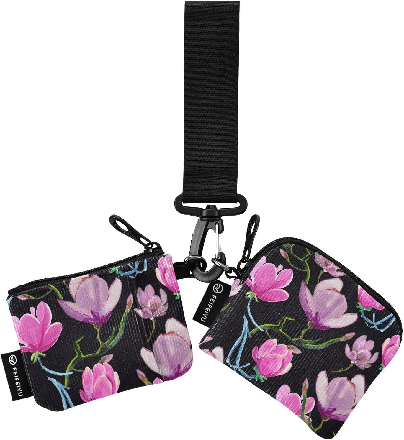 Small Wallet for Women Pink Flowers on Black Zip Around Dual Pouch Wristlet Wallets for Women Portable Card Wallet