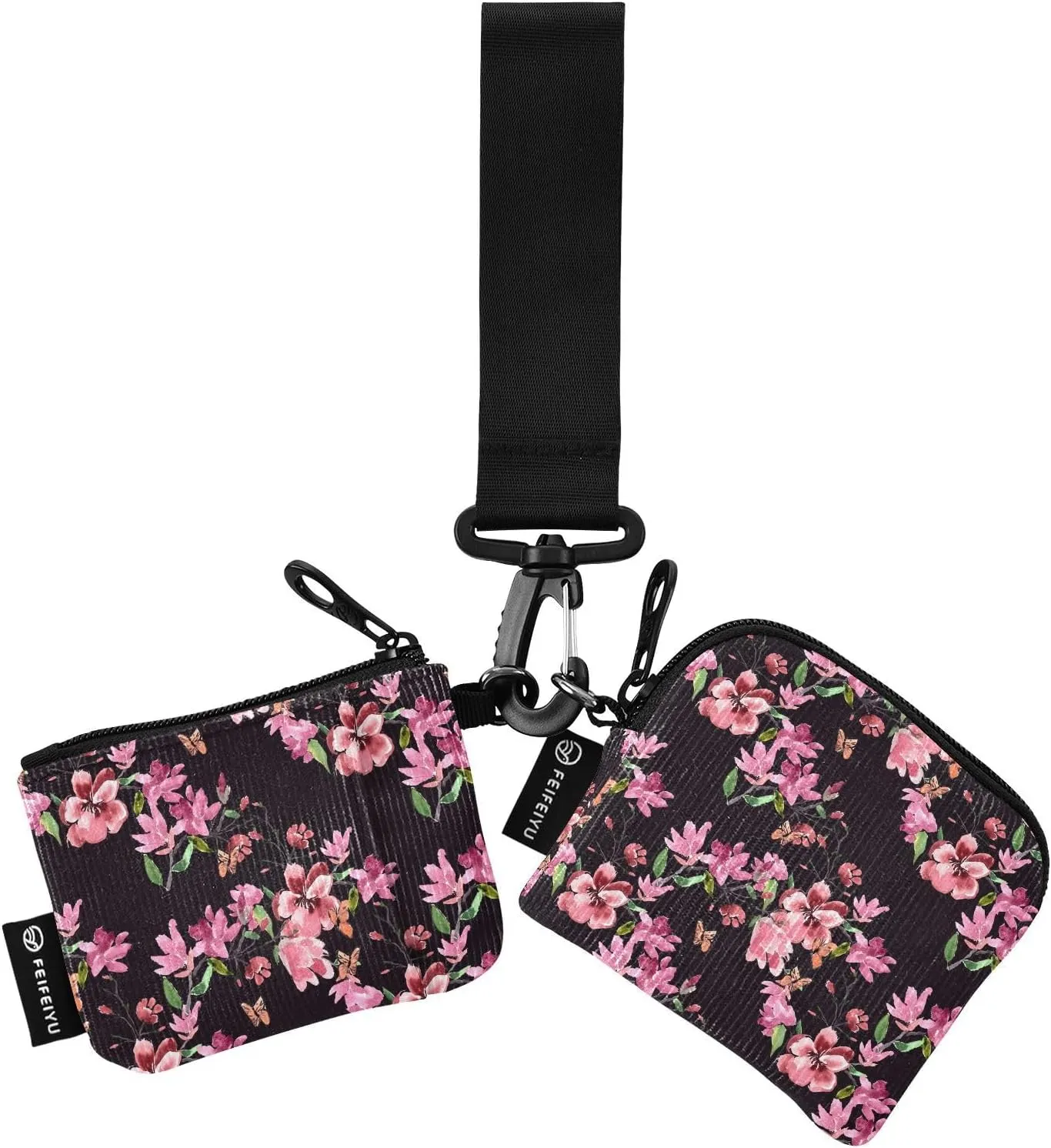 Small Wallet for Women Pink Magnolia Flowers on Black Zip Around Dual Pouch Wristlet Wallets for Women Portable Card Wallet