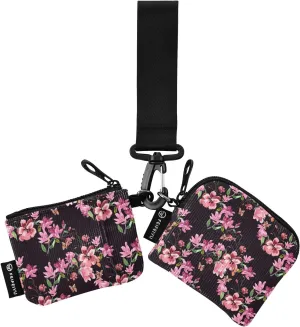 Small Wallet for Women Pink Magnolia Flowers on Black Zip Around Dual Pouch Wristlet Wallets for Women Portable Card Wallet