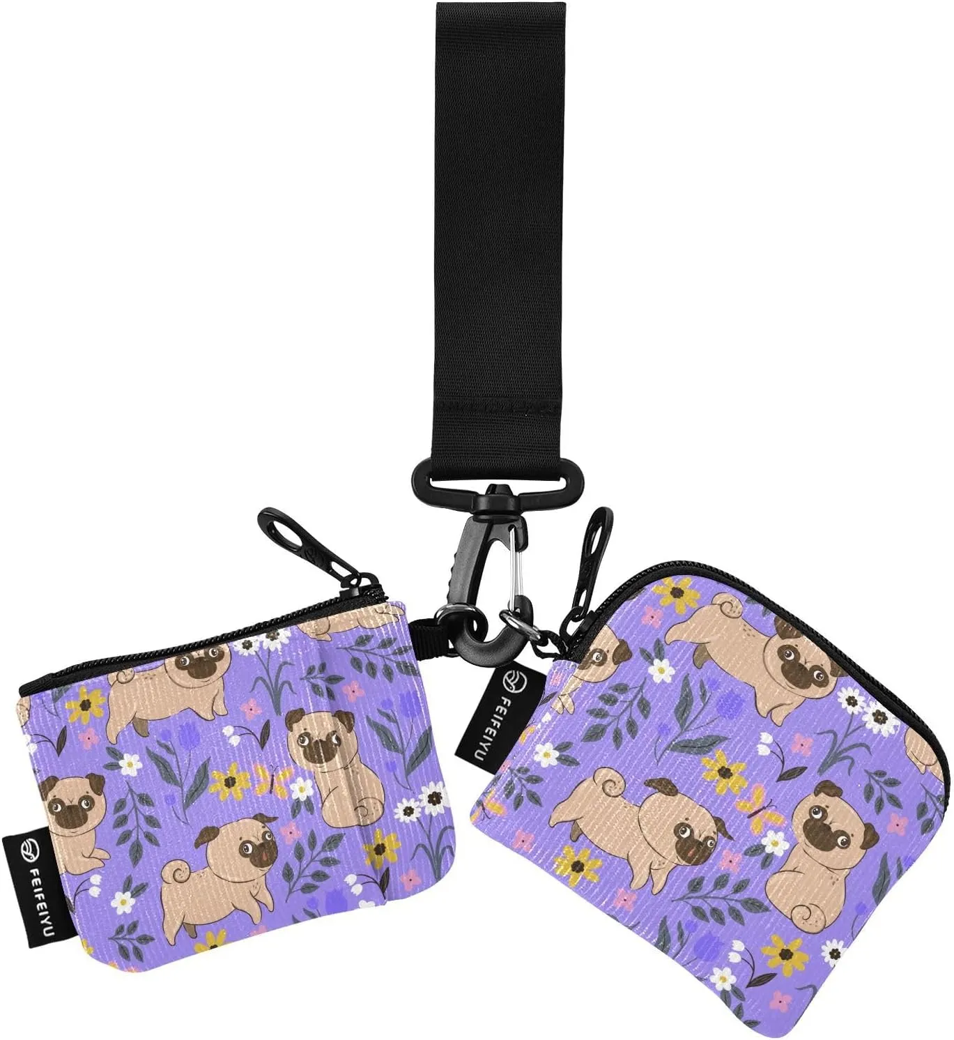 Small Wallet for Women Pug Dogs on Purple Zip Around Dual Pouch Wristlet Wallets for Women Portable Card Wallet