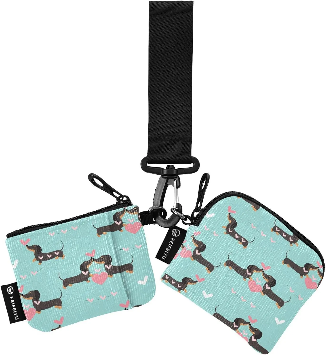 Small Wallet for Women Valentines Day Dachshund Dogs on Blue Zip Around Dual Pouch Wristlet Wallets for Women Portable Card Wallet