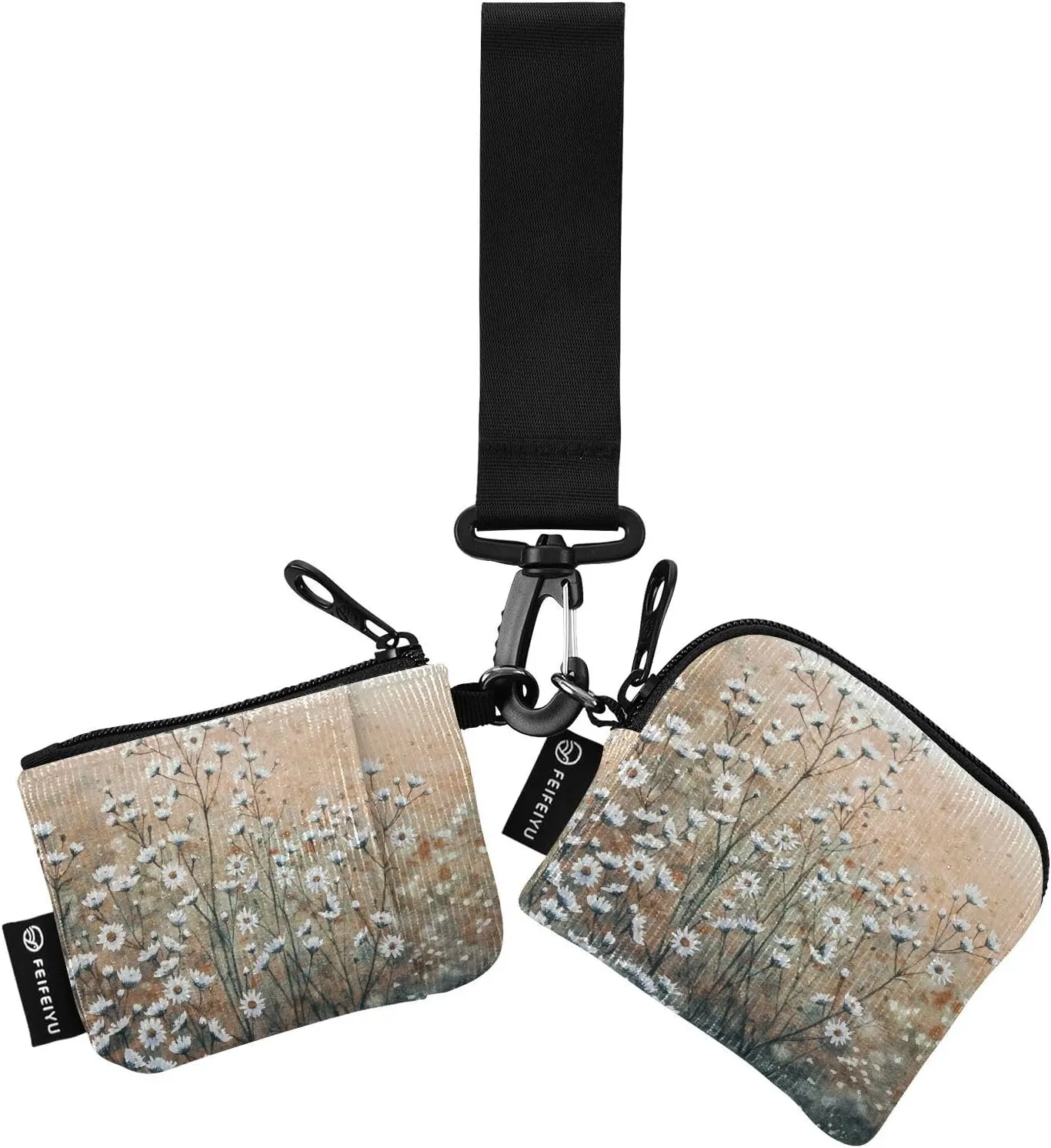 Small Wallet for Women Wildflowers White Chamomile Plants Zip Around Dual Pouch Wristlet Wallets for Women Portable Card Wallet