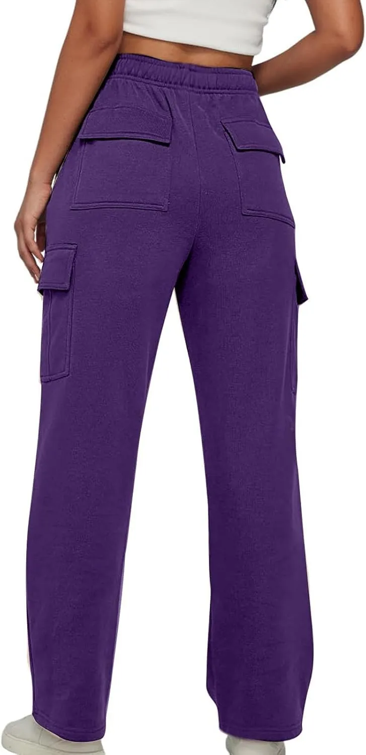 SMIDOW Cargo Pants for Women Baggy High Waist Straight Wide Leg Workout Running Jogger Pants Elastic Waist Lounge Trousers