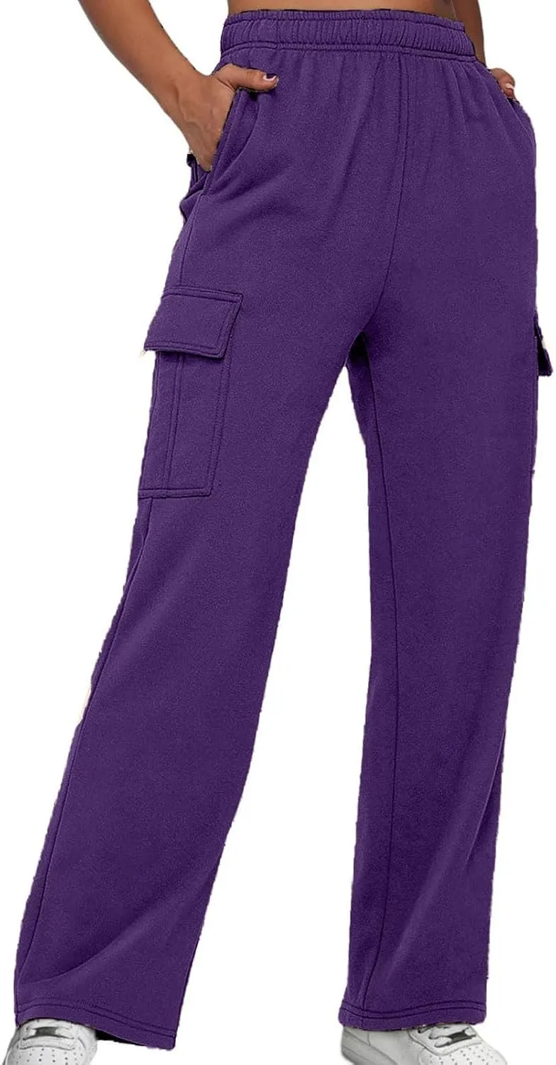 SMIDOW Cargo Pants for Women Baggy High Waist Straight Wide Leg Workout Running Jogger Pants Elastic Waist Lounge Trousers