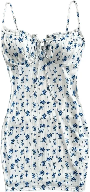 SOLY HUX Women's Floral Print Cami Dress Ruched Tie Front Spaghetti Strap Bodycon Mini Dresses