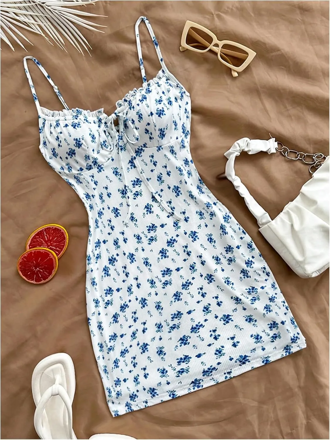 SOLY HUX Women's Floral Print Cami Dress Ruched Tie Front Spaghetti Strap Bodycon Mini Dresses
