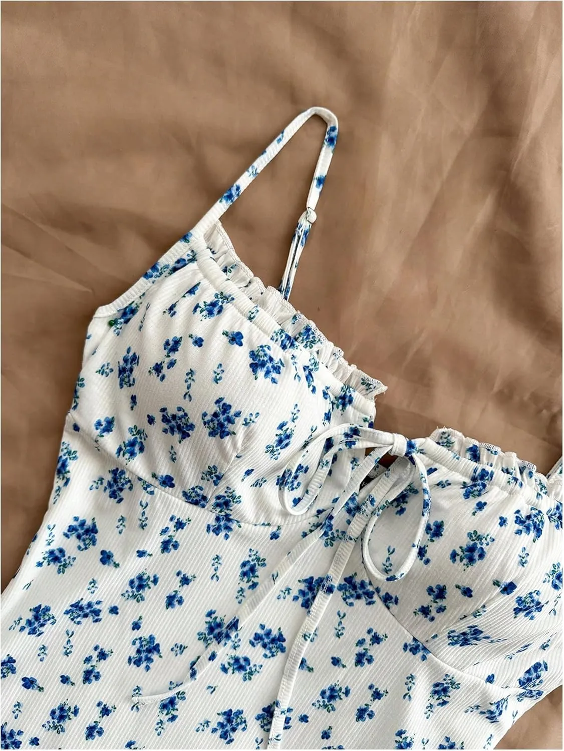 SOLY HUX Women's Floral Print Cami Dress Ruched Tie Front Spaghetti Strap Bodycon Mini Dresses