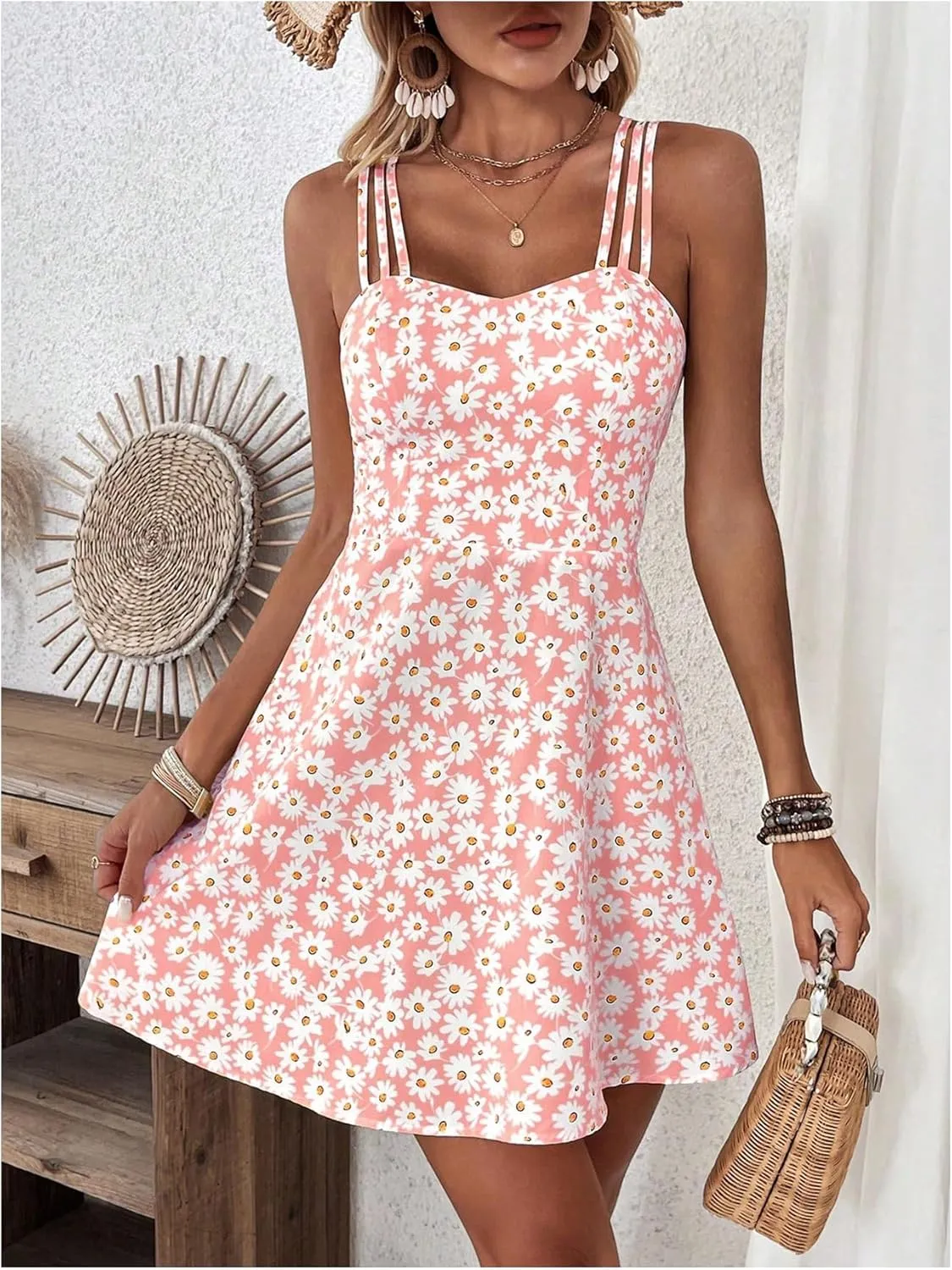 SOLY HUX Women's Floral Print Cami Dress Spaghetti Strap A Line Flowy Summer Mini Dresses Sundress