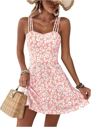 SOLY HUX Women's Floral Print Cami Dress Spaghetti Strap A Line Flowy Summer Mini Dresses Sundress