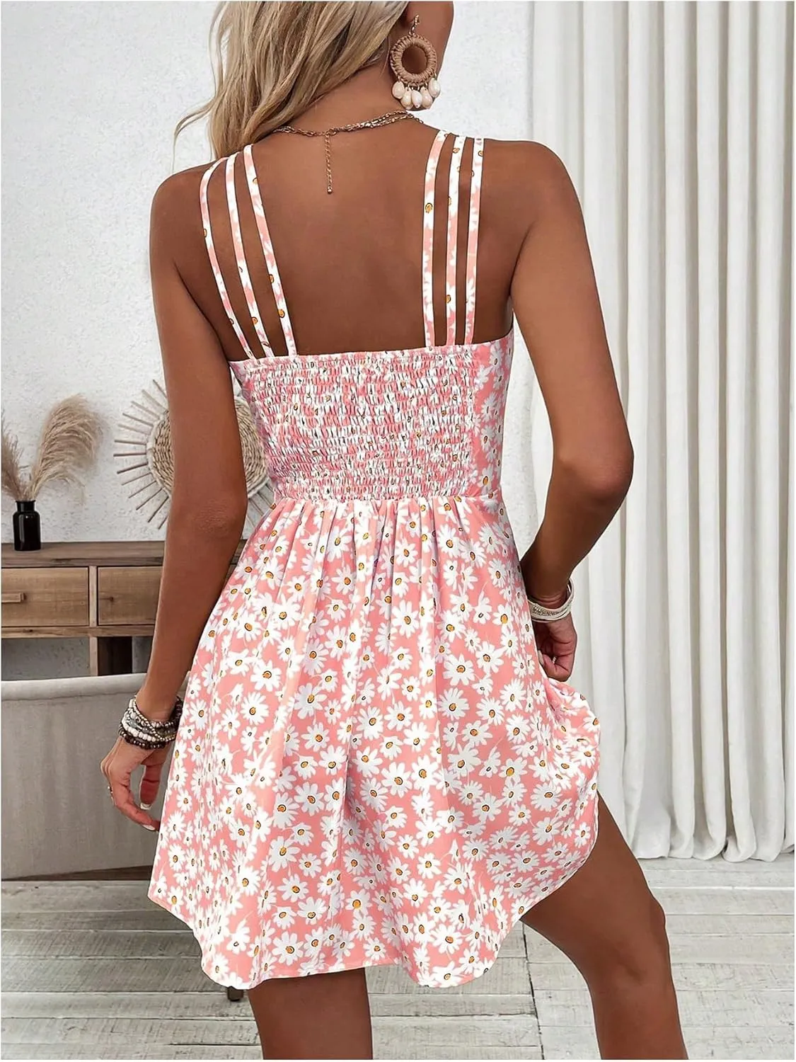 SOLY HUX Women's Floral Print Cami Dress Spaghetti Strap A Line Flowy Summer Mini Dresses Sundress