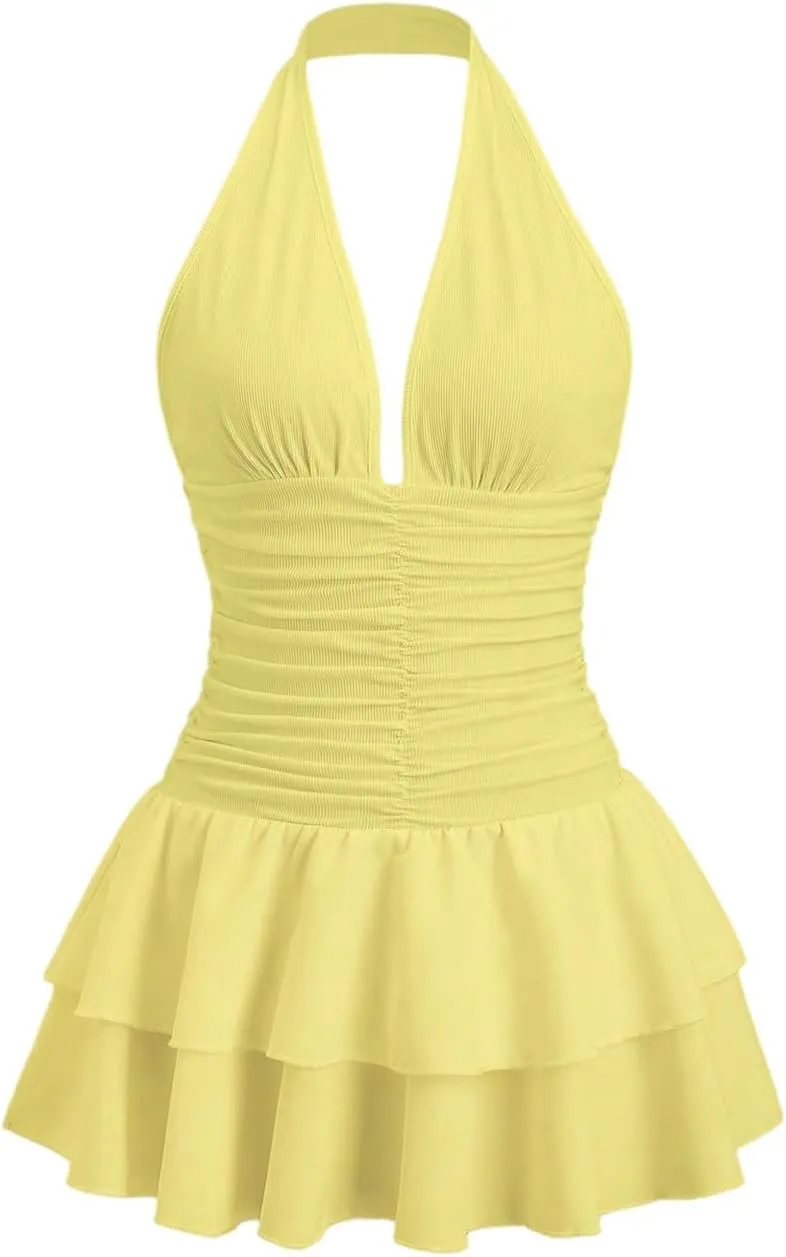 SOLY HUX Women's Halter Deep V Neck Ruffle Mini Dresses Sleeveless Flowy Sundresses Party Clubwear