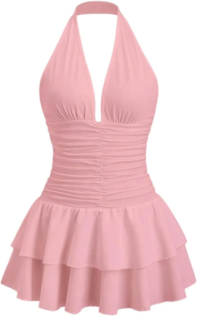SOLY HUX Women's Halter Deep V Neck Ruffle Mini Dresses Sleeveless Flowy Sundresses Party Clubwear