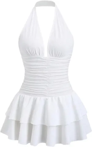 SOLY HUX Women's Halter Deep V Neck Ruffle Mini Dresses Sleeveless Flowy Sundresses Party Clubwear