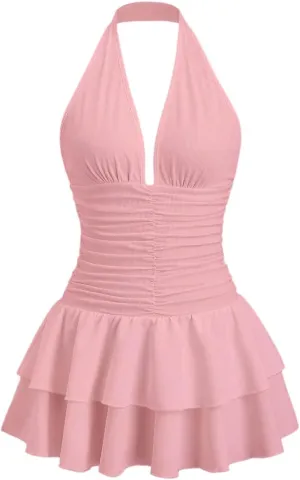 SOLY HUX Women's Halter Deep V Neck Ruffle Mini Dresses Sleeveless Flowy Sundresses Party Clubwear