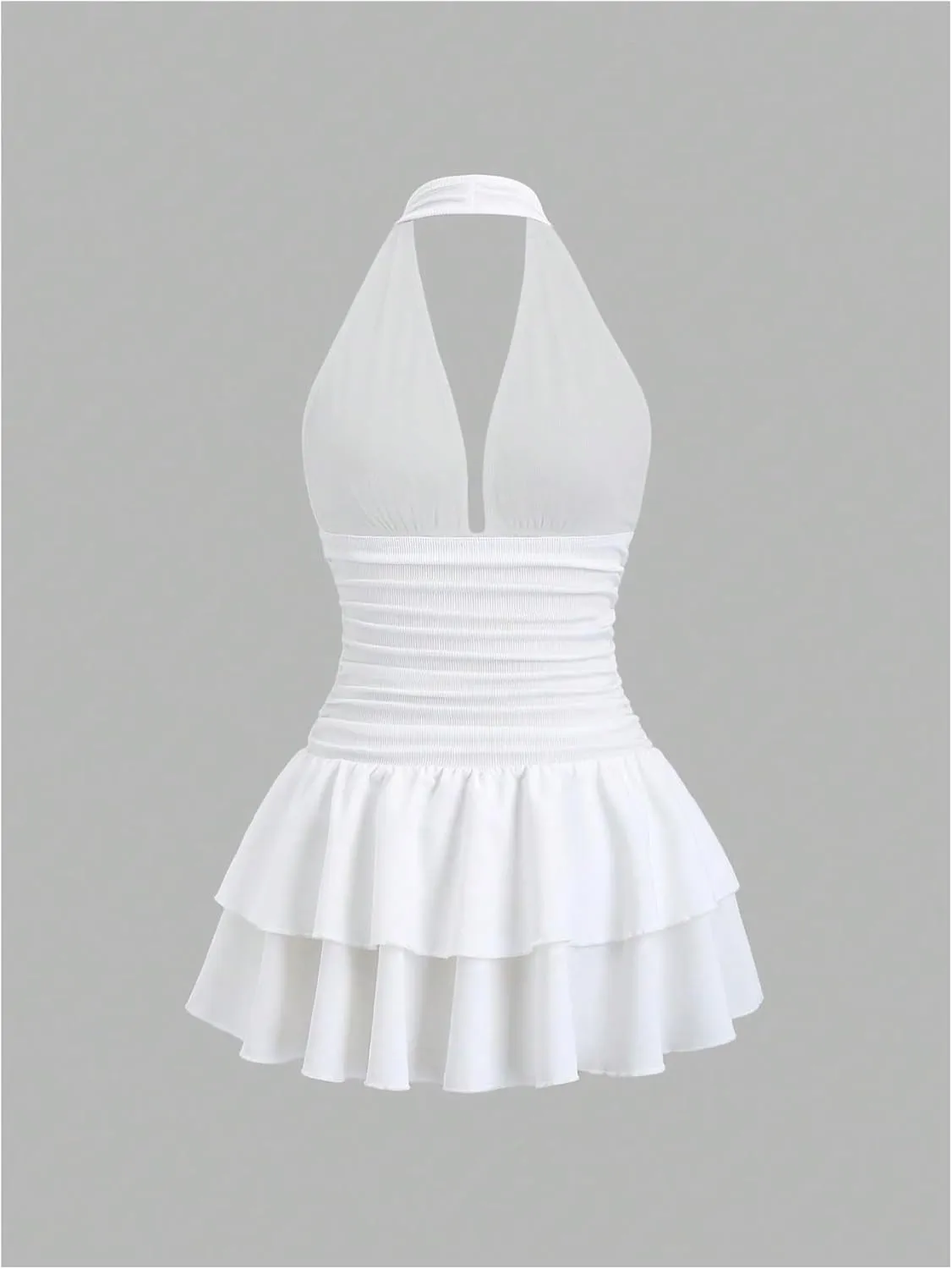 SOLY HUX Women's Halter Deep V Neck Ruffle Mini Dresses Sleeveless Flowy Sundresses Party Clubwear