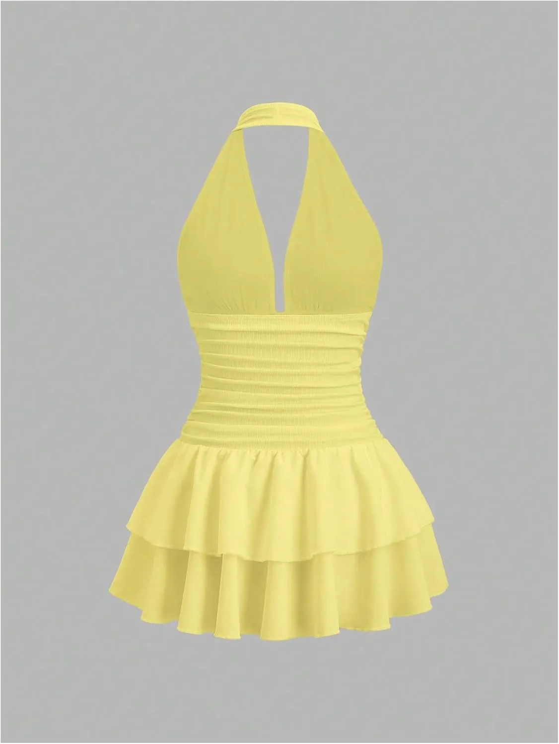 SOLY HUX Women's Halter Deep V Neck Ruffle Mini Dresses Sleeveless Flowy Sundresses Party Clubwear