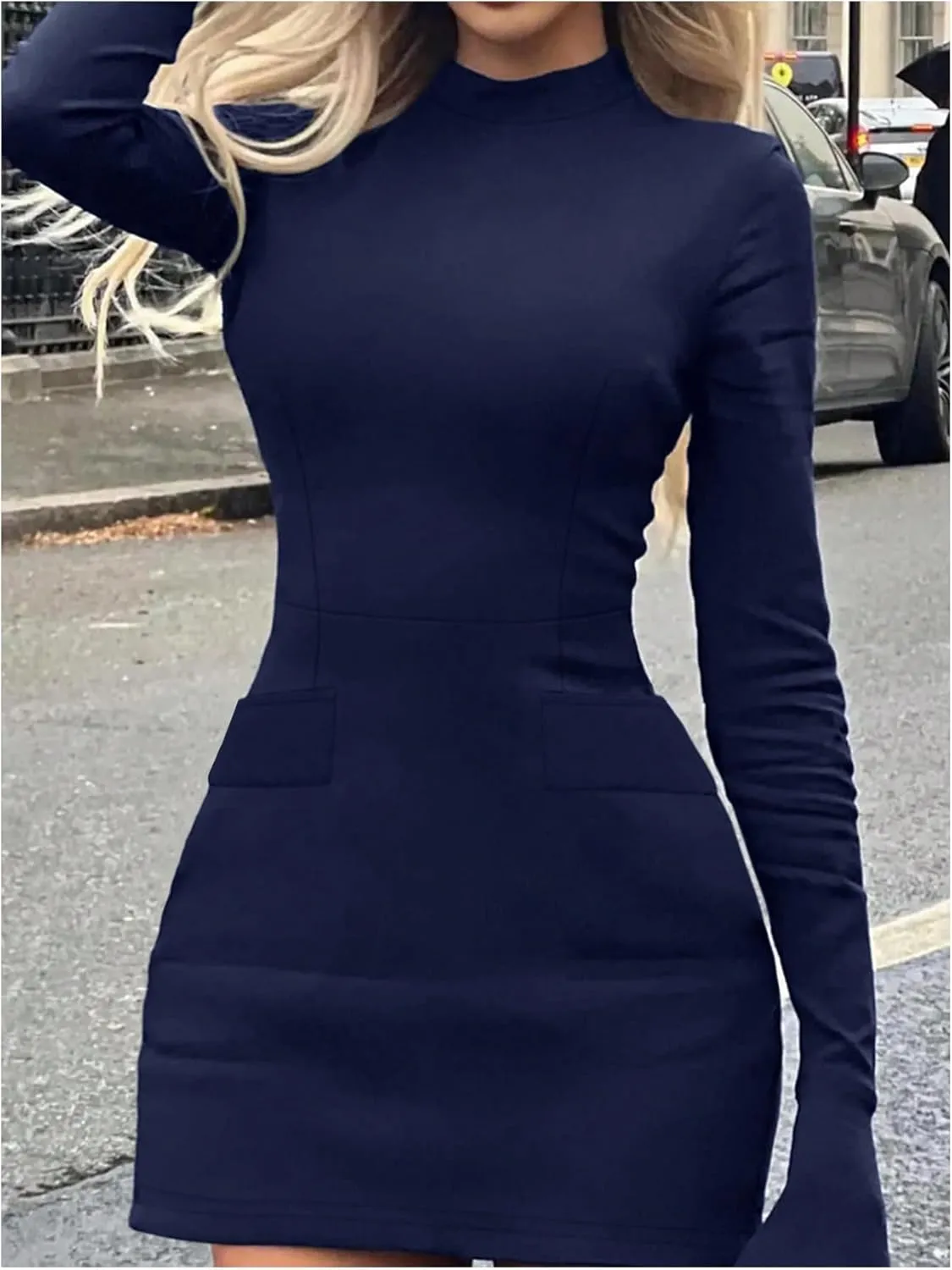 SOLY HUX Women's Mock Neck Long Sleeve Mini Dress A Line Flared Elegant Dresses