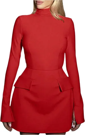 SOLY HUX Women's Mock Neck Long Sleeve Mini Dress A Line Flared Elegant Dresses