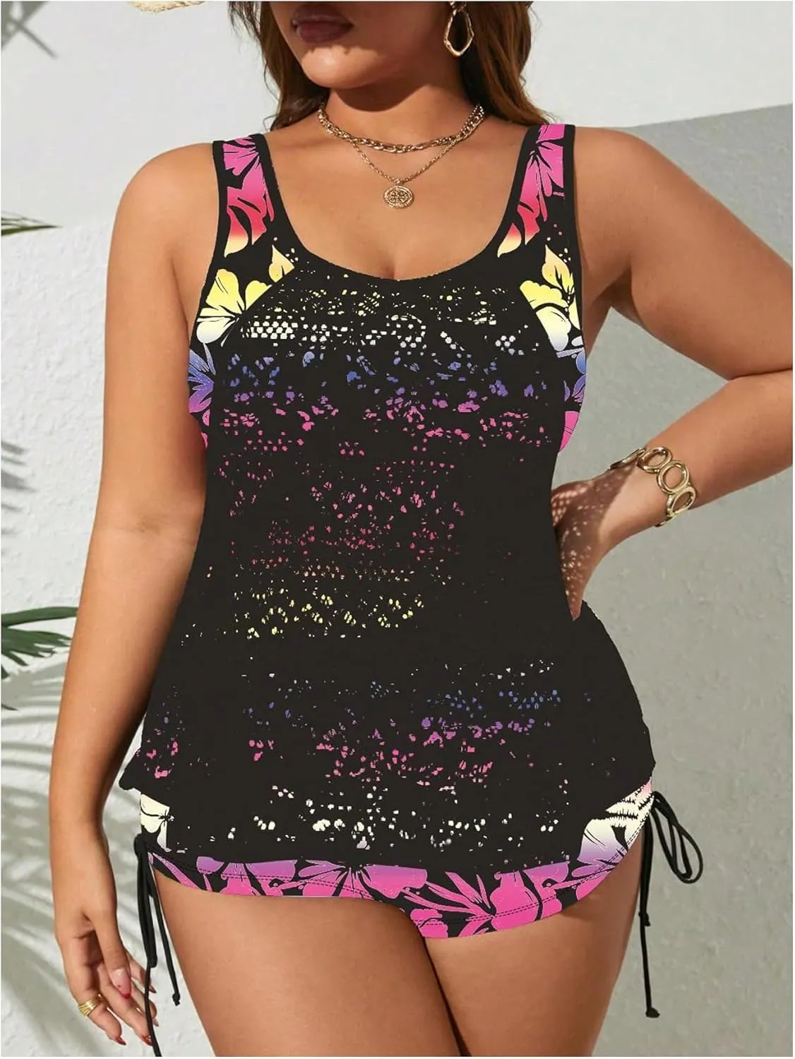 SOLY HUX Women's Plus Size Tankini Swimsuits Floral Print Two Piece Bathing Suit Lace Tankini Tops and Shorts Set
