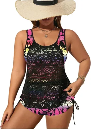 SOLY HUX Women's Plus Size Tankini Swimsuits Floral Print Two Piece Bathing Suit Lace Tankini Tops and Shorts Set