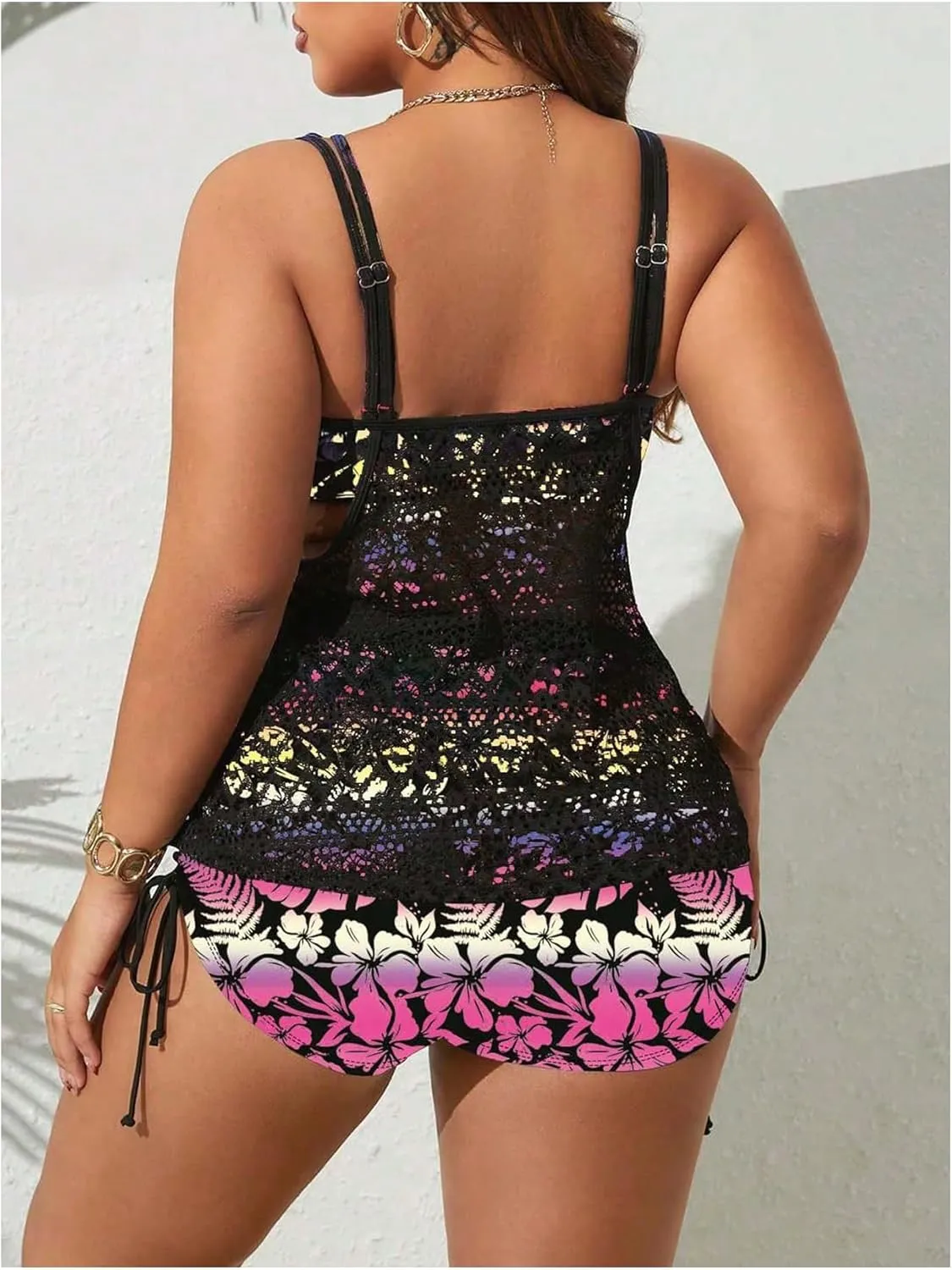 SOLY HUX Women's Plus Size Tankini Swimsuits Floral Print Two Piece Bathing Suit Lace Tankini Tops and Shorts Set