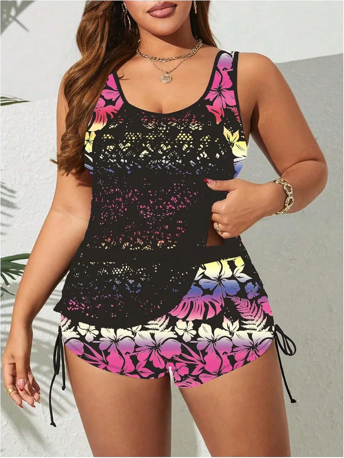 SOLY HUX Women's Plus Size Tankini Swimsuits Floral Print Two Piece Bathing Suit Lace Tankini Tops and Shorts Set