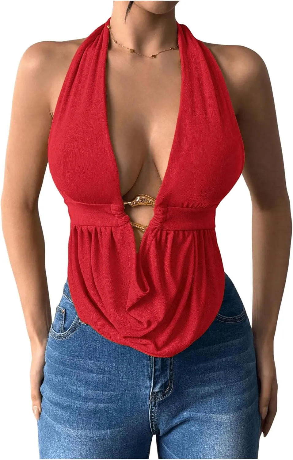 SOLY HUX Women's Sexy Halter Going Out Top Open Back Deep V Neck Sleeveless Vest Tank Tops Party Clubwear