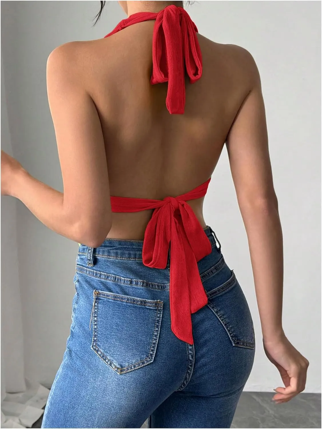 SOLY HUX Women's Sexy Halter Going Out Top Open Back Deep V Neck Sleeveless Vest Tank Tops Party Clubwear