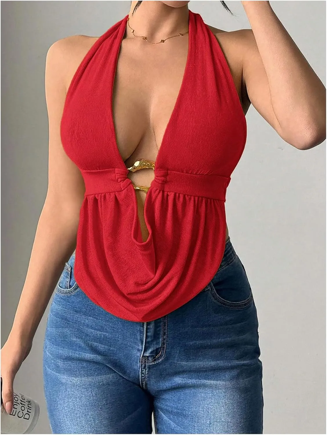 SOLY HUX Women's Sexy Halter Going Out Top Open Back Deep V Neck Sleeveless Vest Tank Tops Party Clubwear