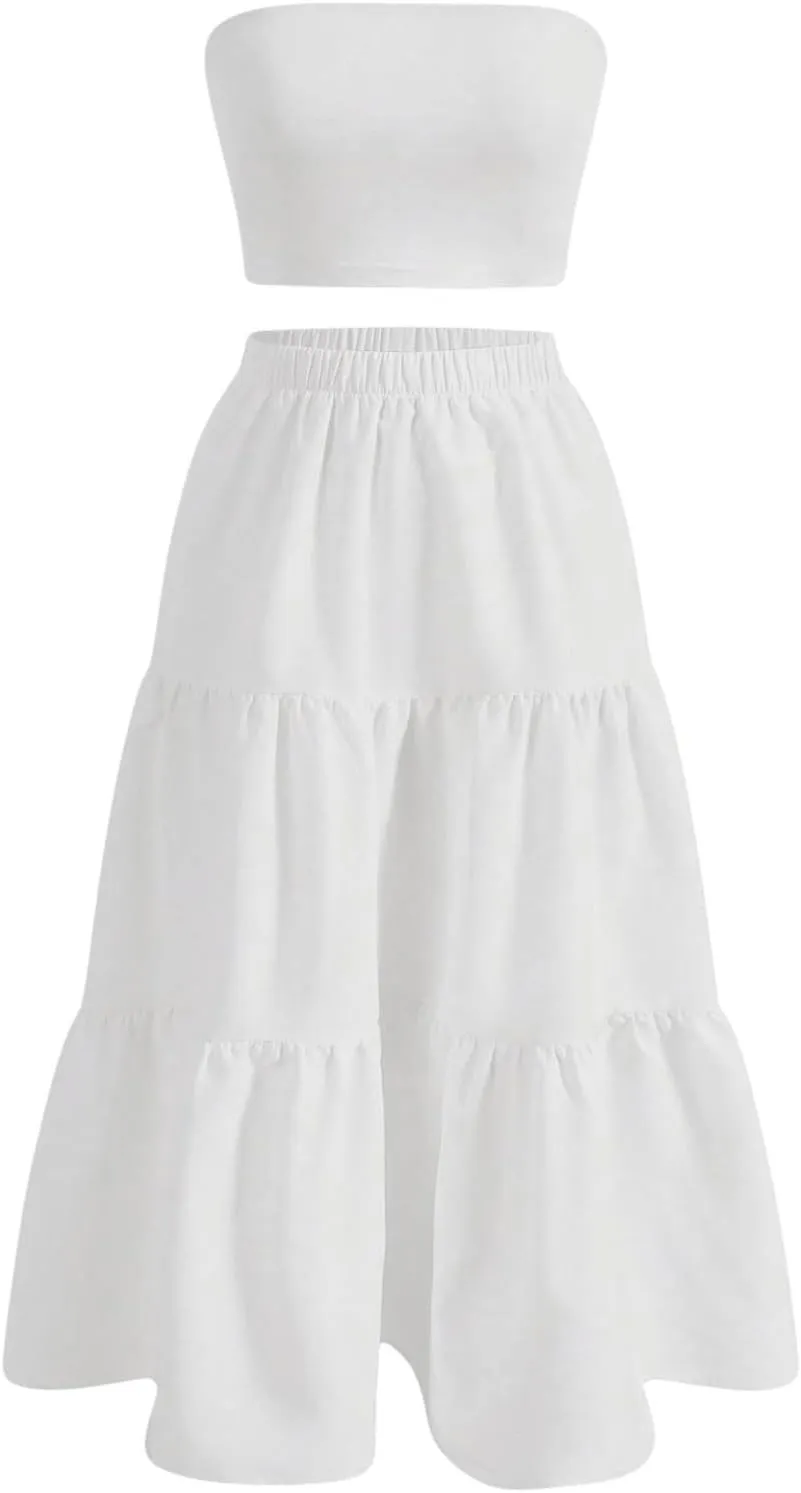 SOLY HUX Women's Summer 2 Piece Skirt Outfits Strapless Crop Tube Top and Ruffle Flowy Skirt Set
