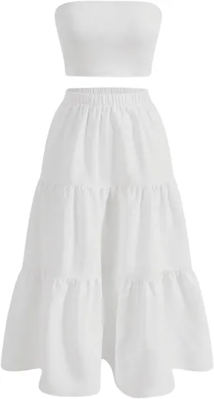 SOLY HUX Women's Summer 2 Piece Skirt Outfits Strapless Crop Tube Top and Ruffle Flowy Skirt Set