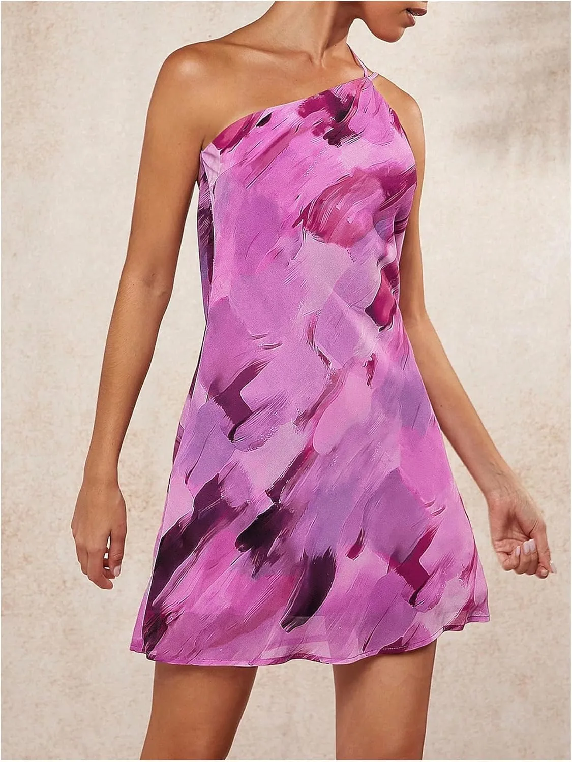 SOLY HUX Women's Tie Dye Mini Dress One Shoulder Backless Draped Halter Dresses Summer Open Back Vacation Outfits