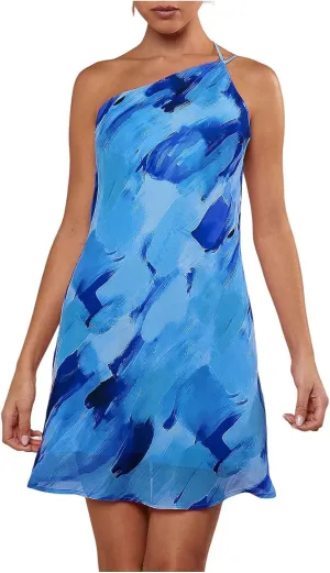 SOLY HUX Women's Tie Dye Mini Dress One Shoulder Backless Draped Halter Dresses Summer Open Back Vacation Outfits